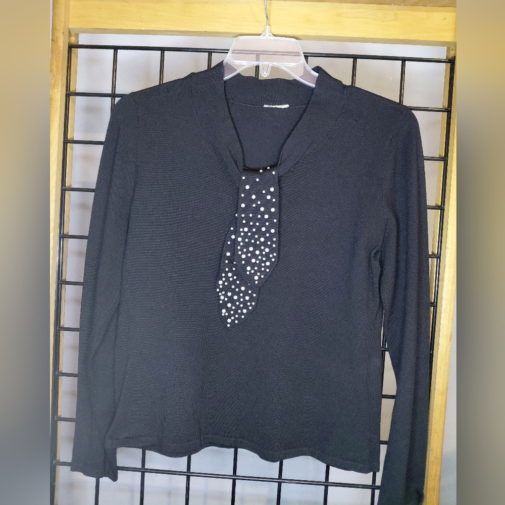 Elegant Black Women's Top with Embellished Scarf